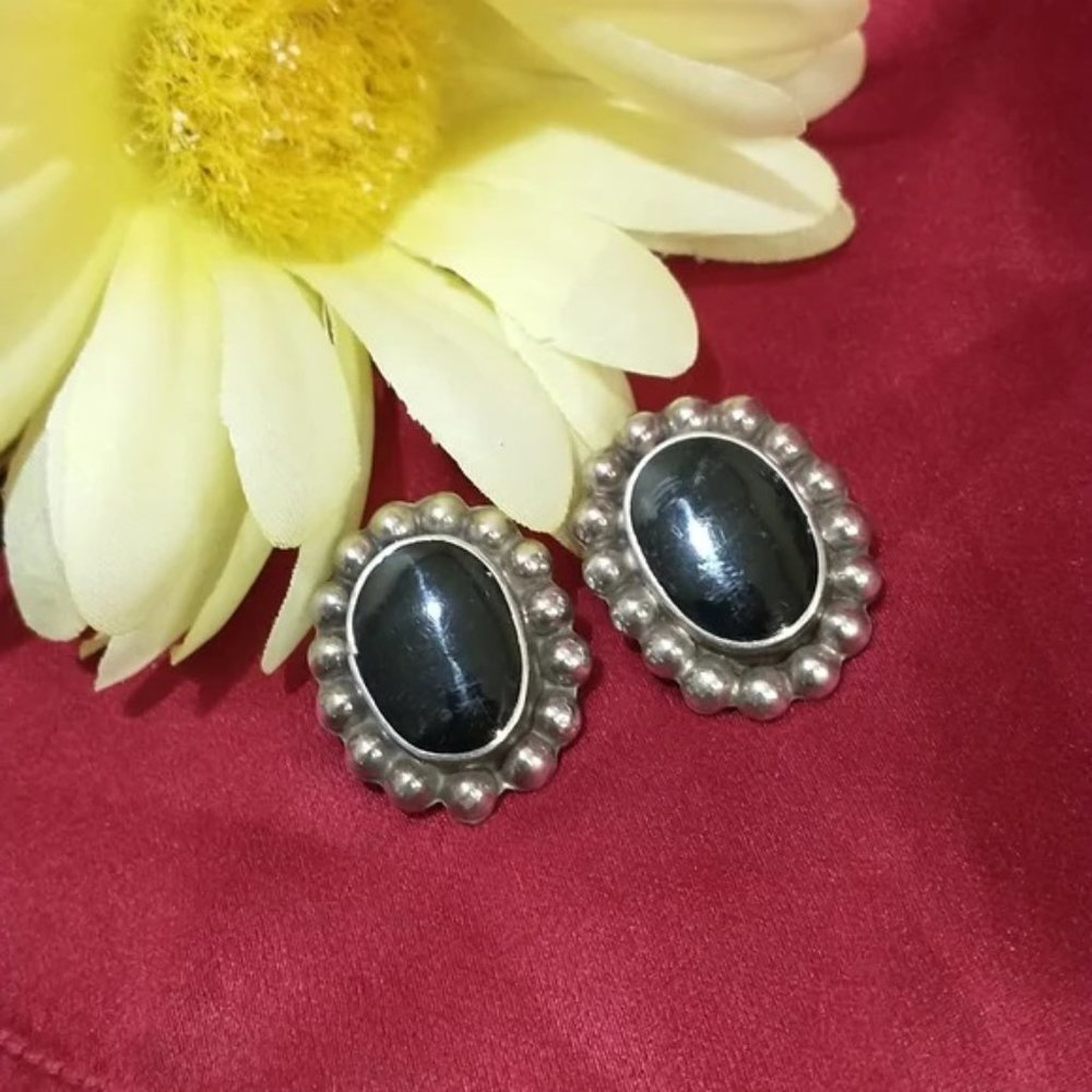 Vintage Mexican Sterling and Onyx Clip Earrings